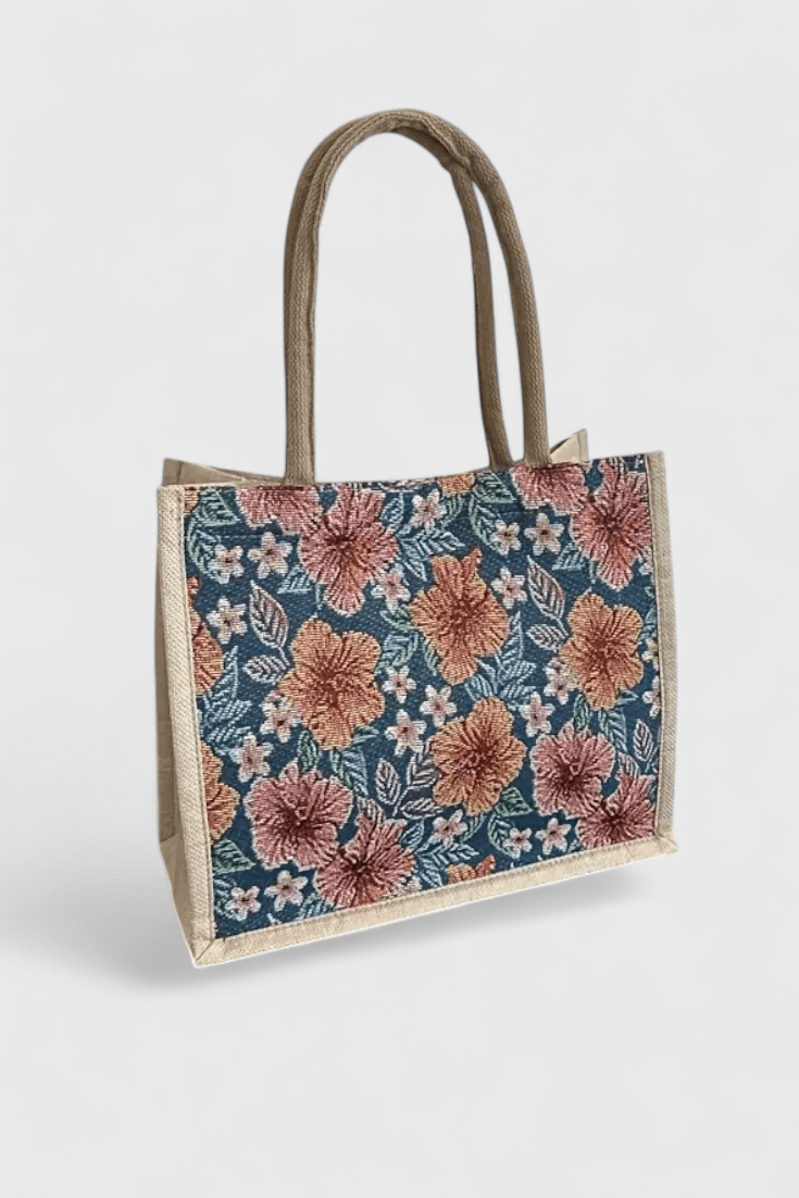 Bolsa de yute con estampado floral, vista frontal