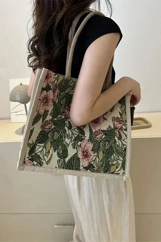 Bolsa de yute con estampado floral, quinta vista