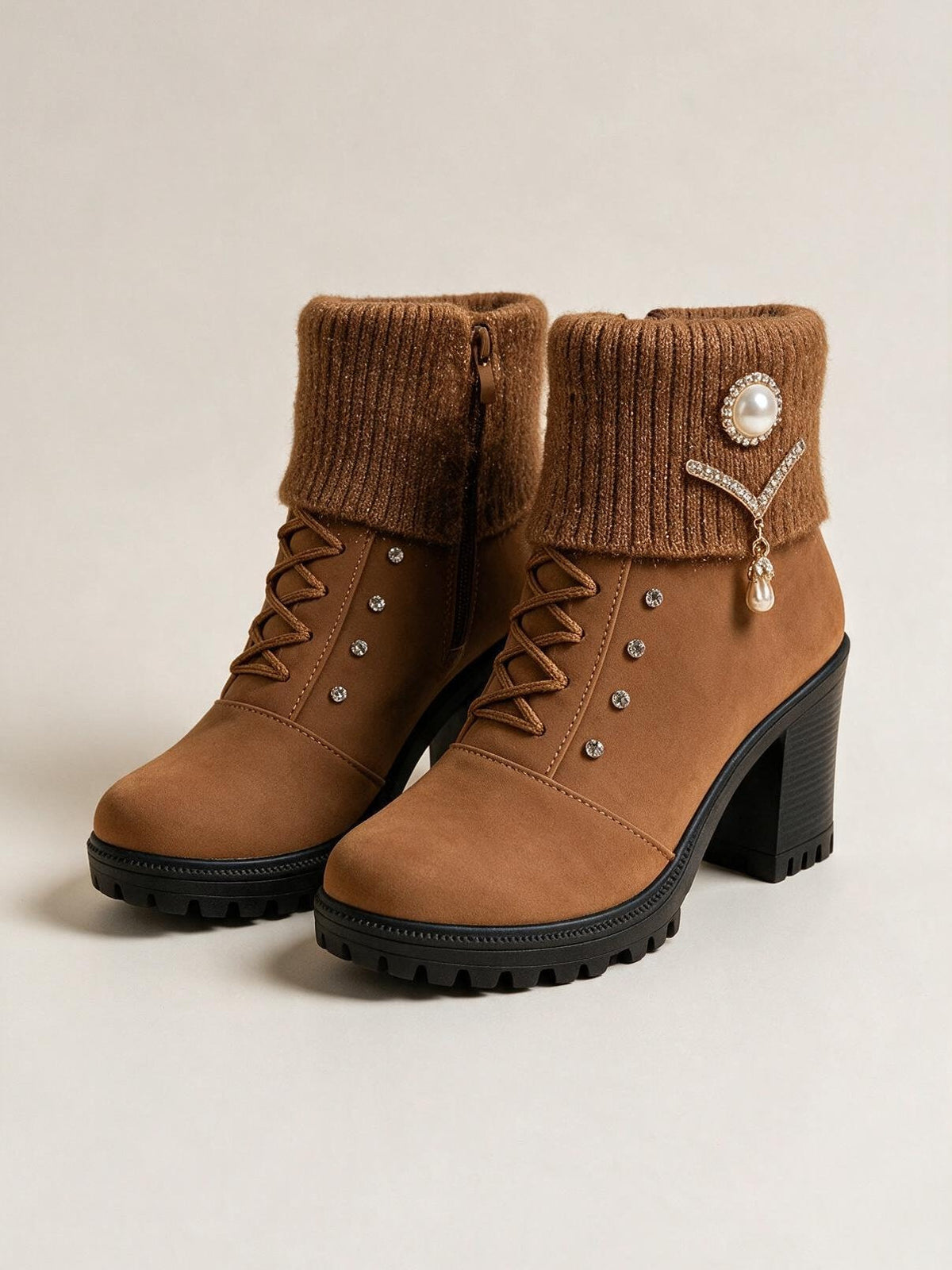 Botas forradas de tacón ancho, color café, cuarta vista