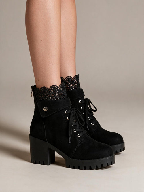 Botines con agujetas de tacón ancho, color negro, segunda vista