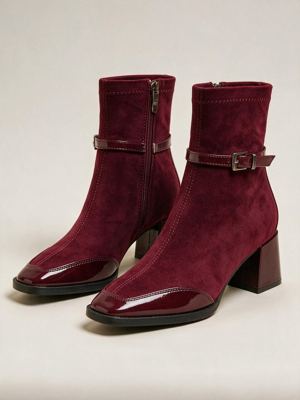 Botines efecto gamuza con hebilla, color vino, cuarta vista
