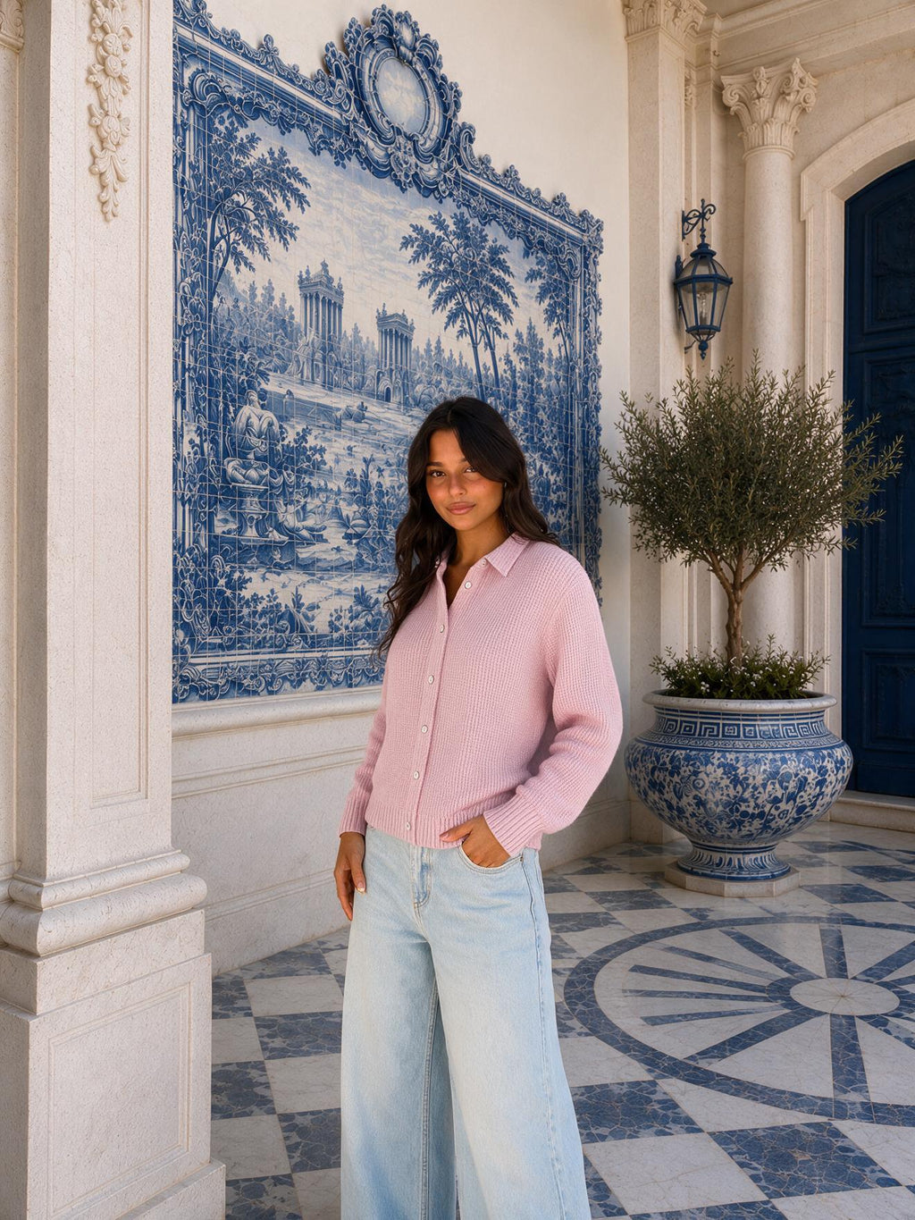 Cárdigan de tejido texturizado con cuello camisero, color rosa, vista frontal