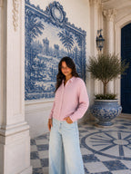 Cárdigan de tejido texturizado con cuello camisero, color rosa, vista frontal