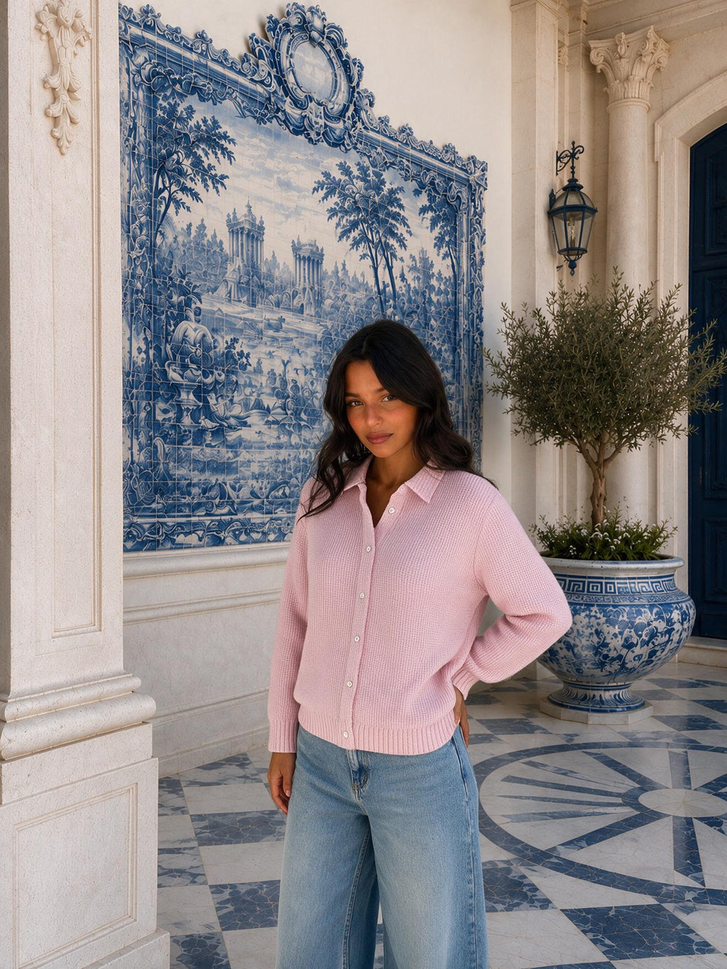 Cárdigan de tejido texturizado con cuello camisero, color rosa, segunda vista