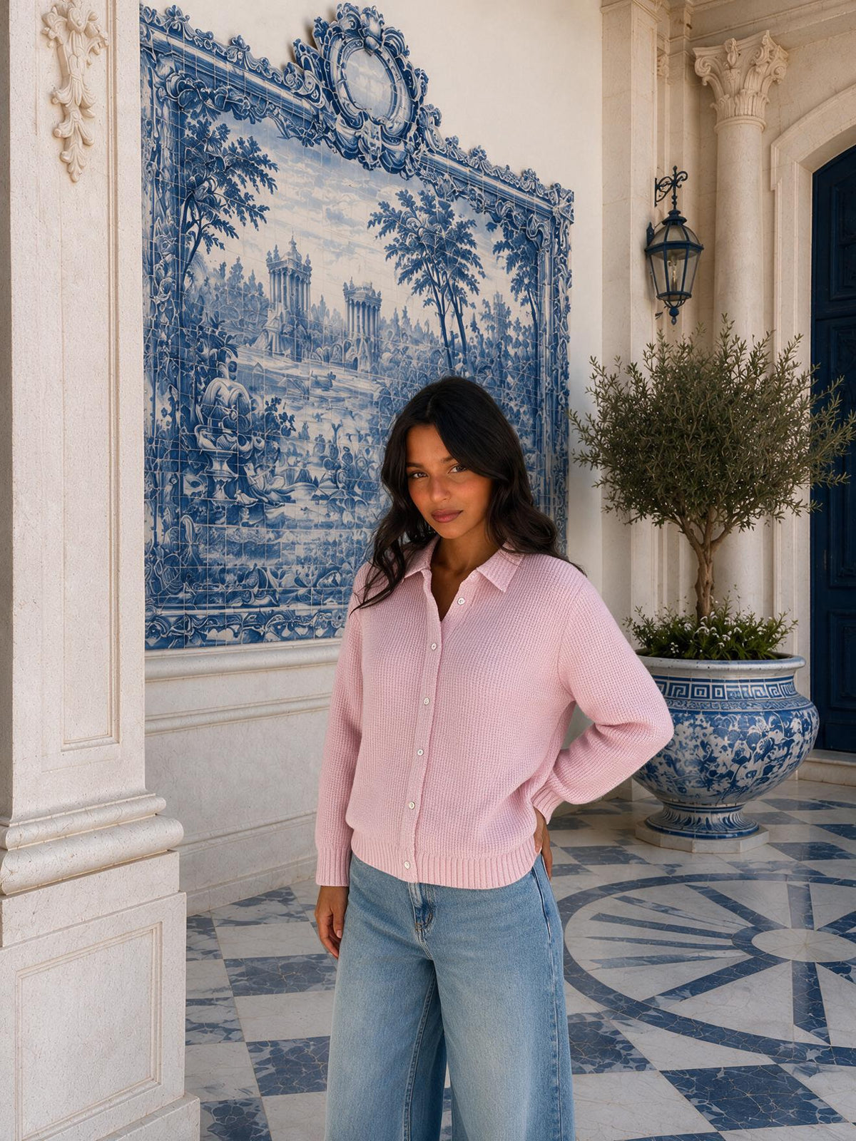 Cárdigan de tejido texturizado con cuello camisero, color rosa, segunda vista
