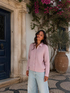Cárdigan de tejido texturizado con cuello camisero, color rosa, tercera vista