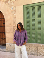 Cárdigan tejido a cuadros, color morado, vista frontal