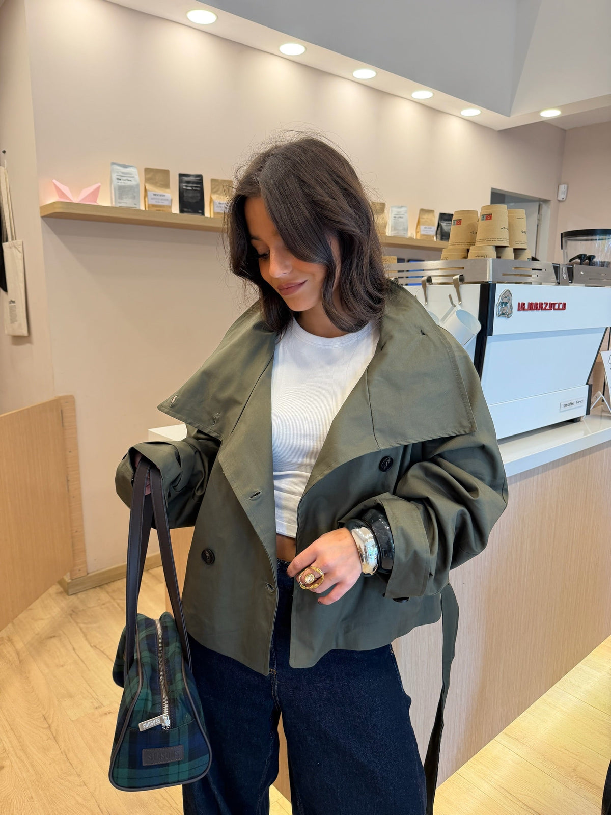 Gabardina corta con cuello mao, Caqui, quinta vista