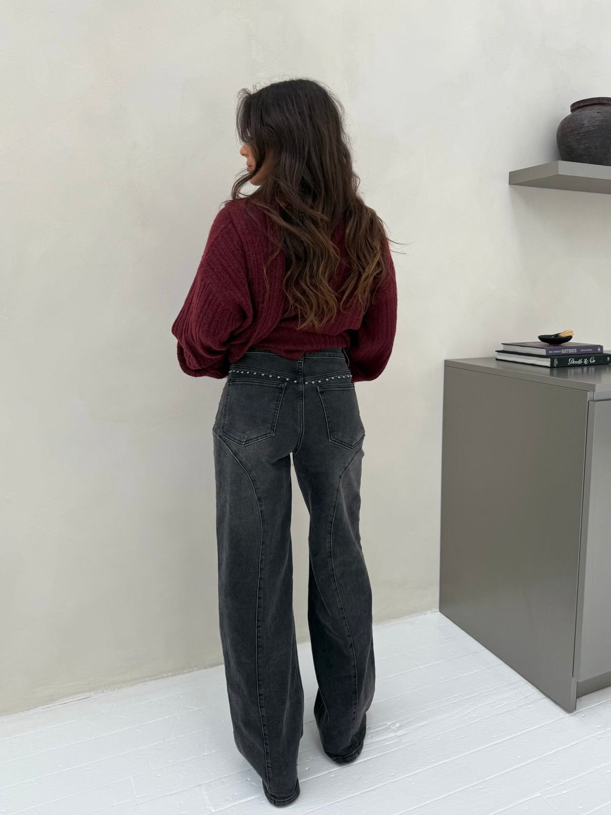 Jeans de pierna ancha con estoperoles, Gris, cuarta vista