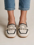 Mocasines con hebilla e inserto de tul, color beige, vista frontal