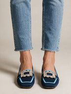 Mocasines con hebilla e inserto de tul, color azul marino, vista frontal