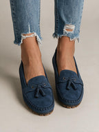 Mocasines de línea elegante, color azul, vista frontal