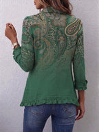 Maricruz | chamarra verde paisley con olanes
