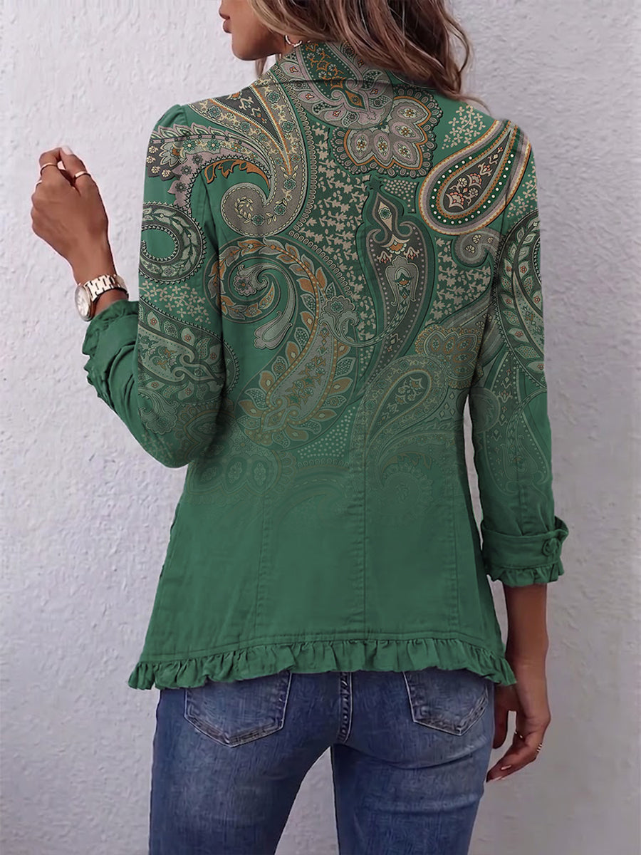 Maricruz | chamarra verde paisley con olanes