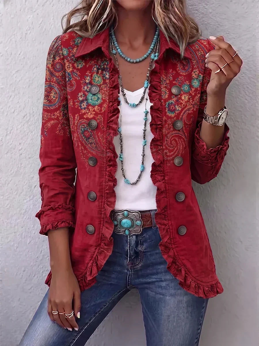 Brianda | chamarra roja paisley con olanes