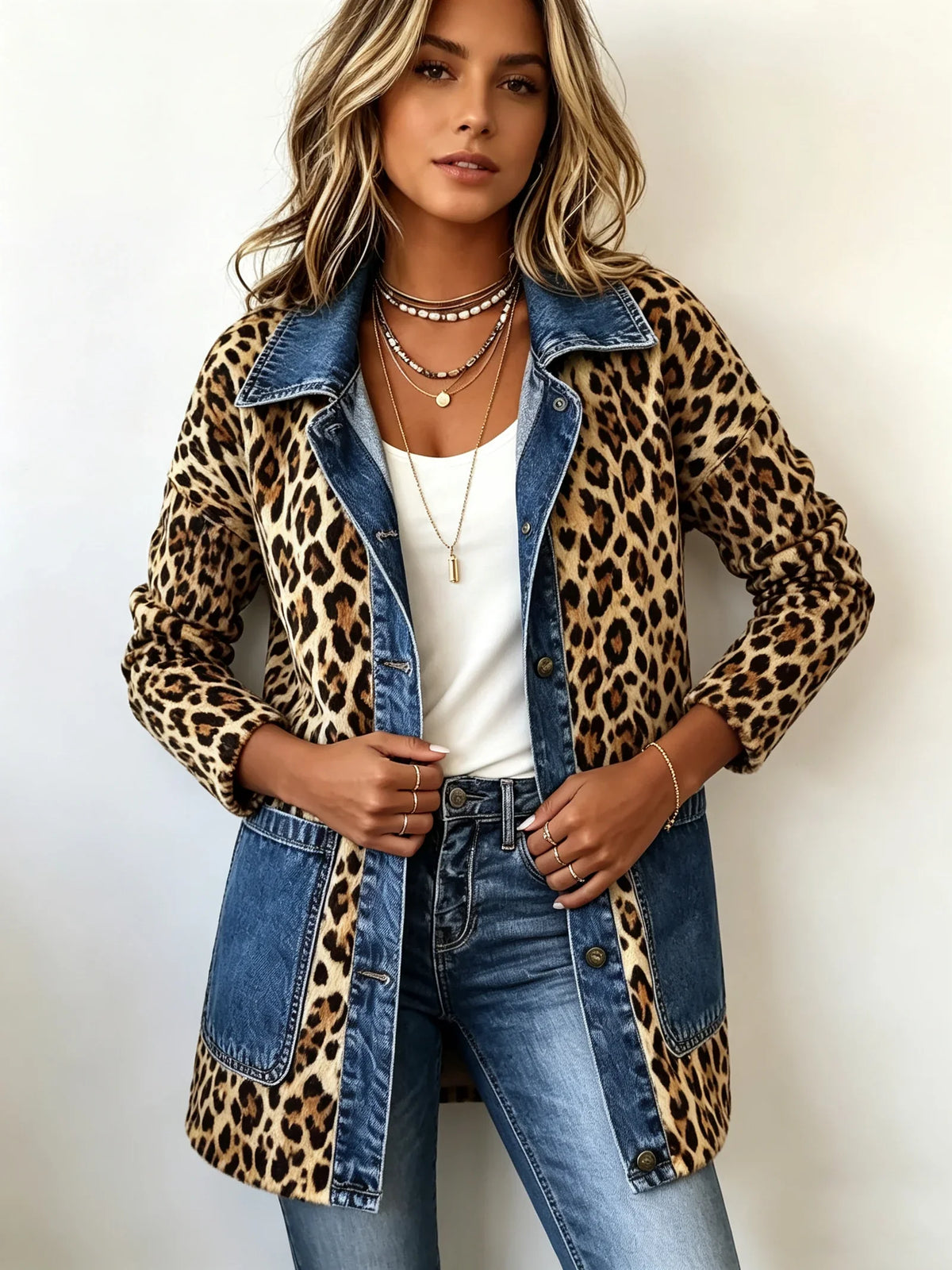 Marisa | chamarra larga de leopardo y mezclilla