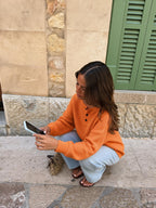 Sudadera waffle con botonadura henley, color naranja, tercera vista