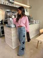 Suéter casual con escote en V, color rosa, vista lateral