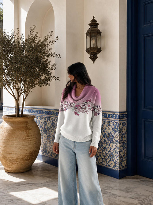 Suéter de algodón floral con cuello tortuga, color lila, vista frontal