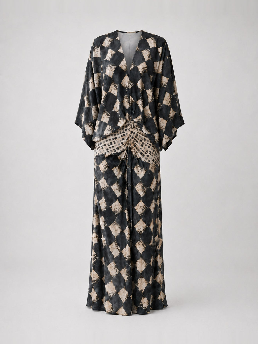 Vestido largo Talavera con estampado de mosaico, negro con beige, sin modelo