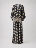 Vestido largo Talavera con estampado de mosaico, negro con beige, sin modelo