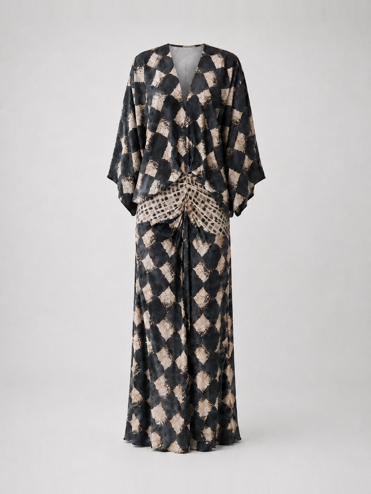 Vestido largo Talavera con estampado de mosaico, negro con beige, sin modelo
