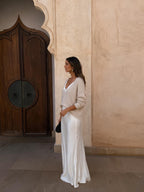 Vestido elegante de satín con suéter a juego, color crema, tercera vista