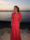 Vestido fluido en tonos rosa y naranja, color rojo, vista frontal