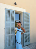 Vestido largo, Azul con detalles café, vista frontal