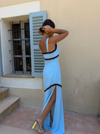 Vestido largo, Azul con detalles café, segunda vista