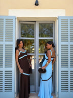 Vestido largo, Azul con detalles café, sexta vista