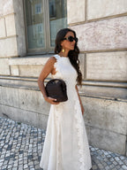 Vestido largo bordado con acabados cuidados, color blanco, cuarta vista