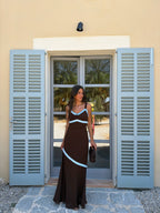Vestido largo, Café con detalles azules, vista frontal
