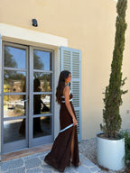 Vestido largo, Café con detalles azules, cuarta vista