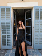 Vestido largo con drapeado envolvente, color negro, vista frontal