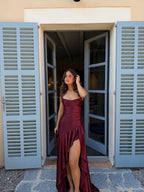 Vestido largo con drapeado envolvente, color vino, vista frontal
