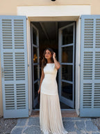Vestido largo con drapeados asimétricos, color beige, vista frontal