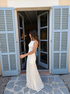 Vestido largo con drapeados asimétricos, color beige, vista lateral