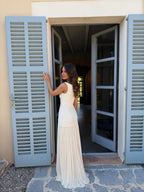Vestido largo con drapeados asimétricos, color beige, vista trasera