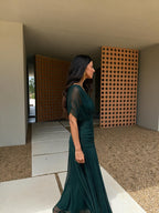 Vestido largo con hombros descubiertos, color verde oscuro, cuarta vista
