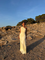Vestido largo con parte superior tejida y falda de satín, Amarillo, tercera vista