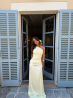 Vestido largo con parte superior tejida y falda de satín, Amarillo, quinta vista