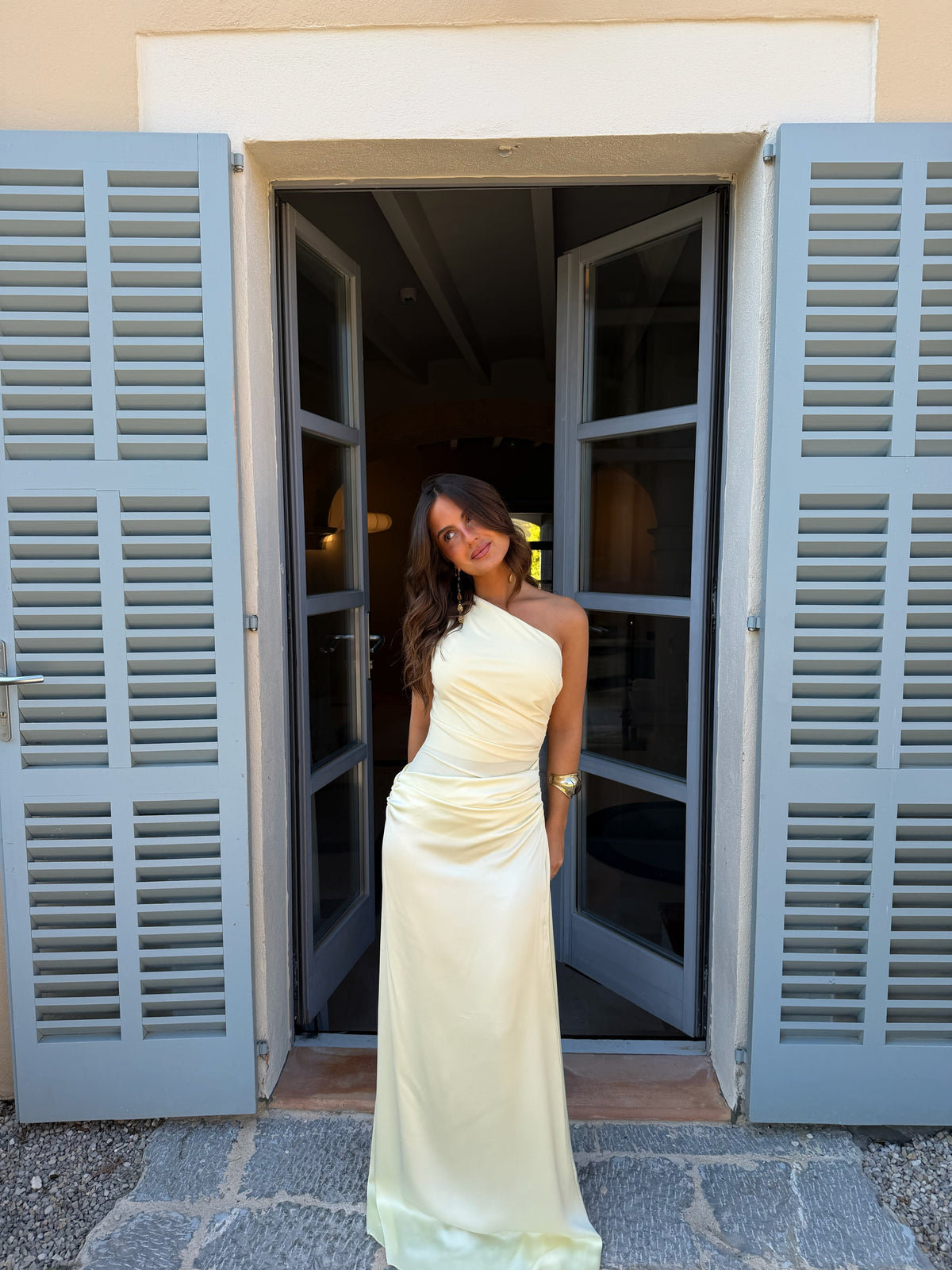 Vestido largo con parte superior tejida y falda de satín, Amarillo, quinta vista