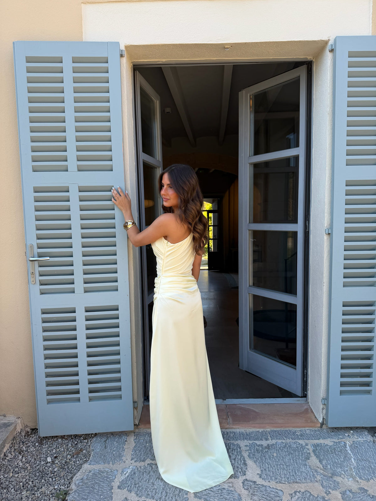 Vestido largo con parte superior tejida y falda de satín, Amarillo, octava vista