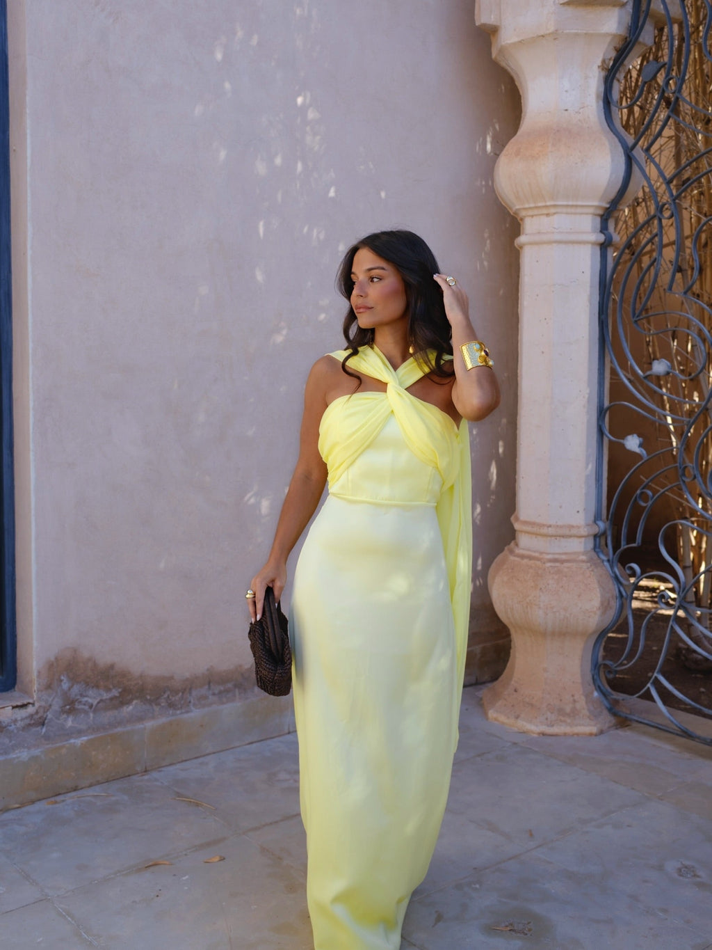 Vestido largo de línea fluida, Amarillo, vista frontal
