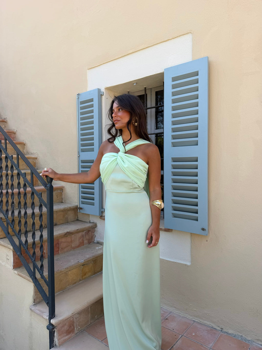 Vestido largo de línea fluida, Verde menta, quinta vista