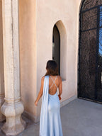 Vestido largo de satín con cuello halter, Azul marino, vista trasera