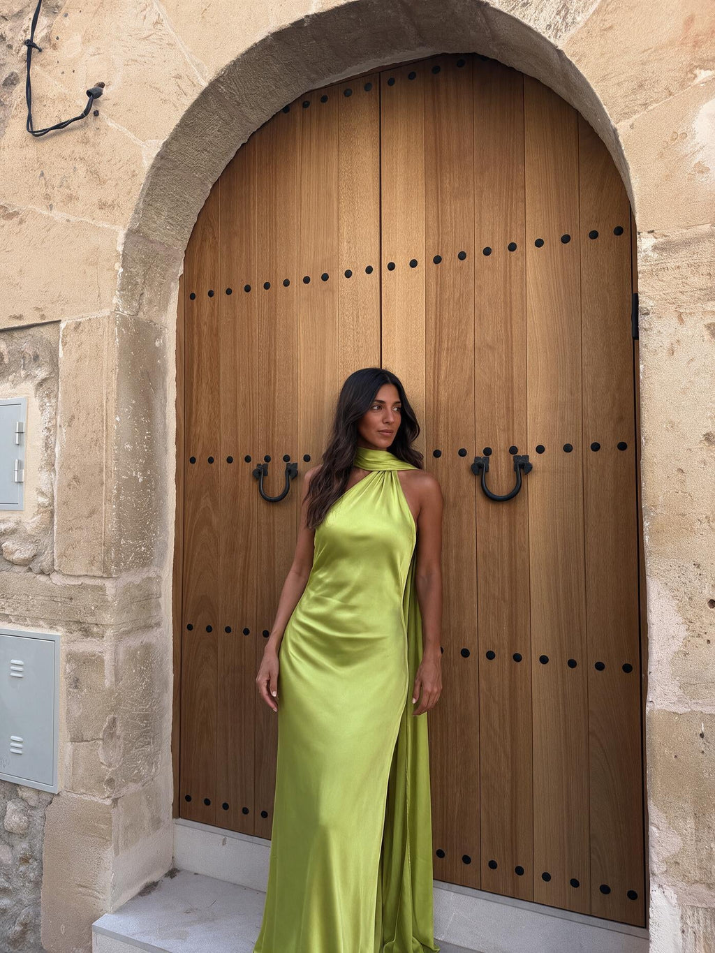 Vestido largo de satín con cuello halter, Verde bosque, vista frontal