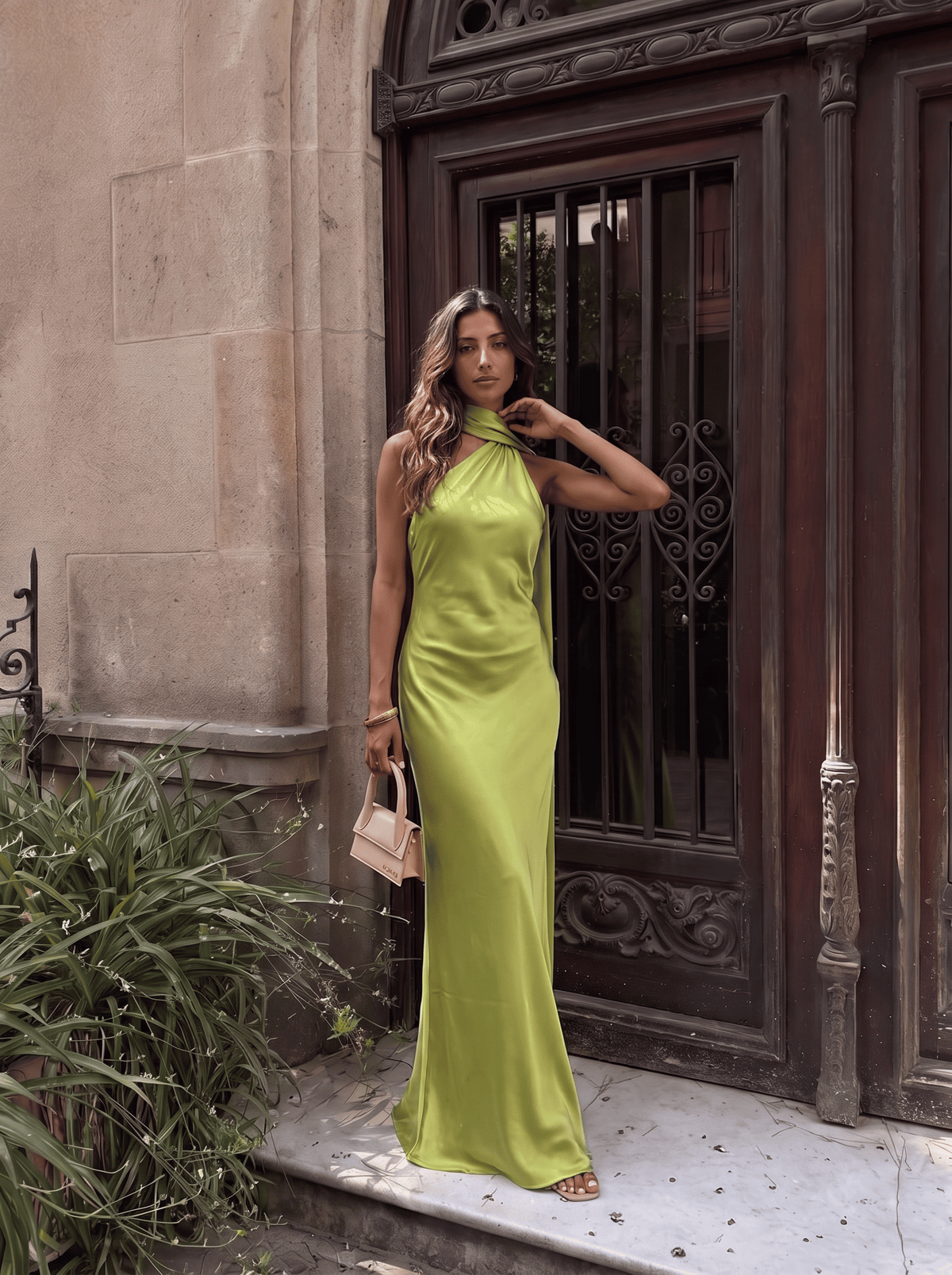 Vestido largo de satín con cuello halter, Verde bosque, tercera vista
