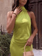 Vestido largo de satín con cuello halter, Verde bosque, cuarta vista